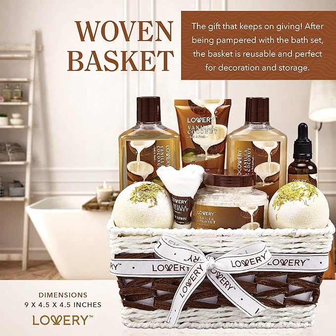 Gifts For Women Gift Basket for Women– 9 Piece Set of Vanilla Coconut Home Spa Set, Luxurious Valentines Day Gifts for Her, Bath and Body Sets Includes Fragrant Lotions, Large Bath Bombs, Coconut Oil - Bloomnest