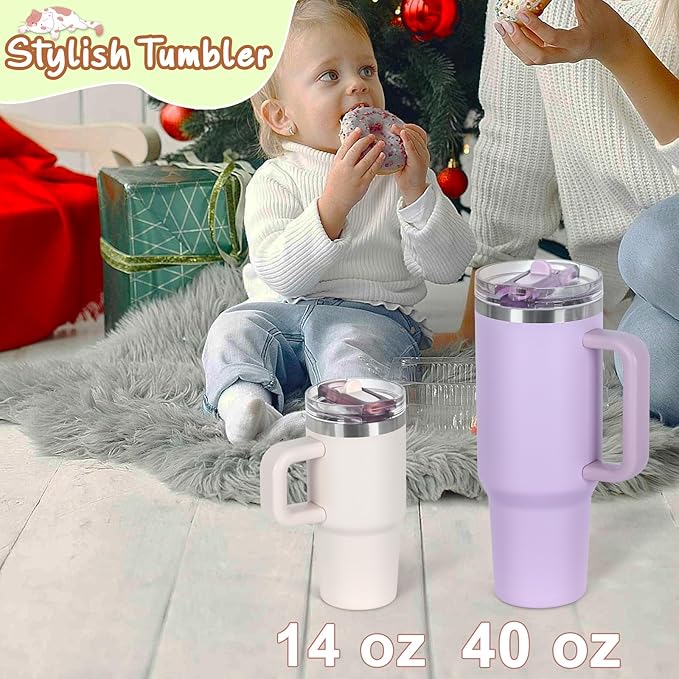 Cosictic 14 Oz Flip Straw Tumbler with Handle for Kids, Stainless Steel Double Wall Insulated Cup for Children with Flip Top Lid, 14 Oz Leak-proof Cups for Kids,Rose Quartz - Bloomnest