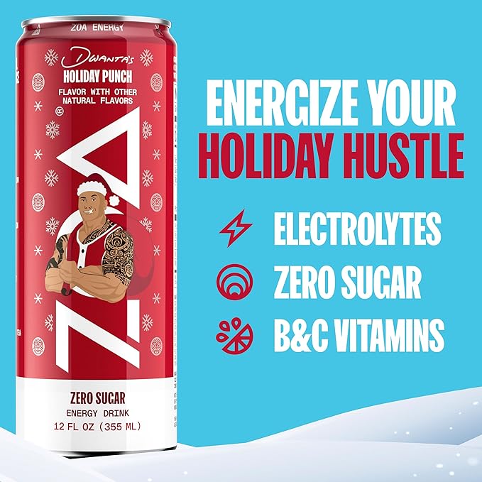 ZOA Zero Sugar Energy Drinks, Dwanta's Holiday Punch - Sugar Free with Electrolytes, Healthy Vitamin C, Amino Acids, Essential B-Vitamins, and Caffeine from Green Tea - 12 Fl Oz (12-Pack) - Bloomnest