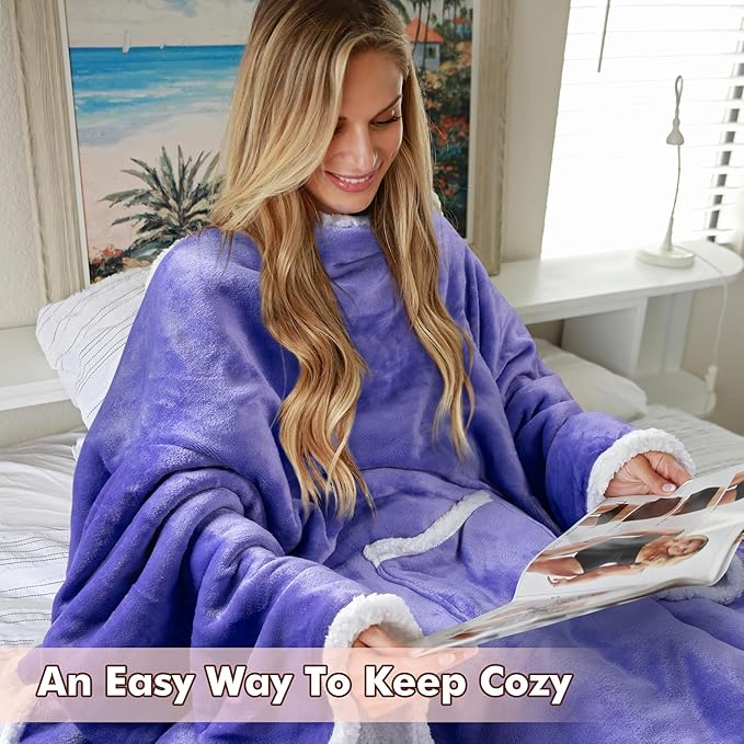 Tirrinia Sherpa Wearable Blanket With Sleeves, Full Body Throw Reading Wrap TV Blankets - Bloomnest