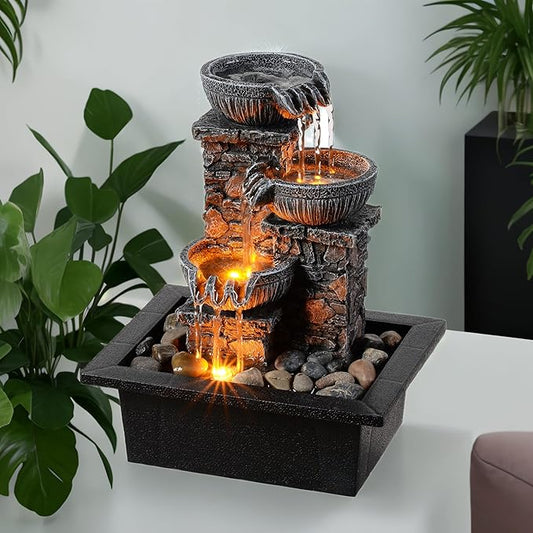 Kalona Tabletop Fountain 3 Bowls with LED Light Soothing Water Flowing Sound Fountain Zen/Meditation Home/Office Decor Home Décor Relaxation Indoor (23113) - Bloomnest