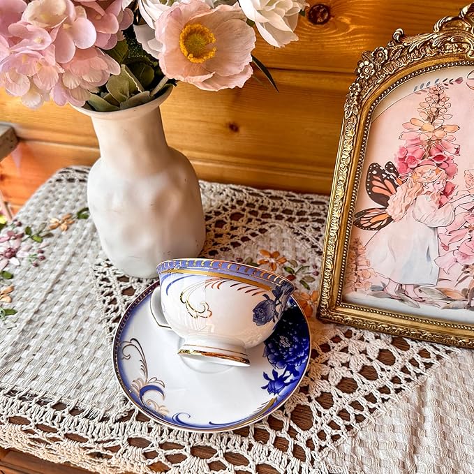 ACMLIFE Bone China Tea Sets, Blue and Gold Tea Set for Adults Porcelain Tea Cup Set, Cup and Saucer Set Vintage Floral for Women Party or Christmas Gifts Giving (china blue) - Bloomnest