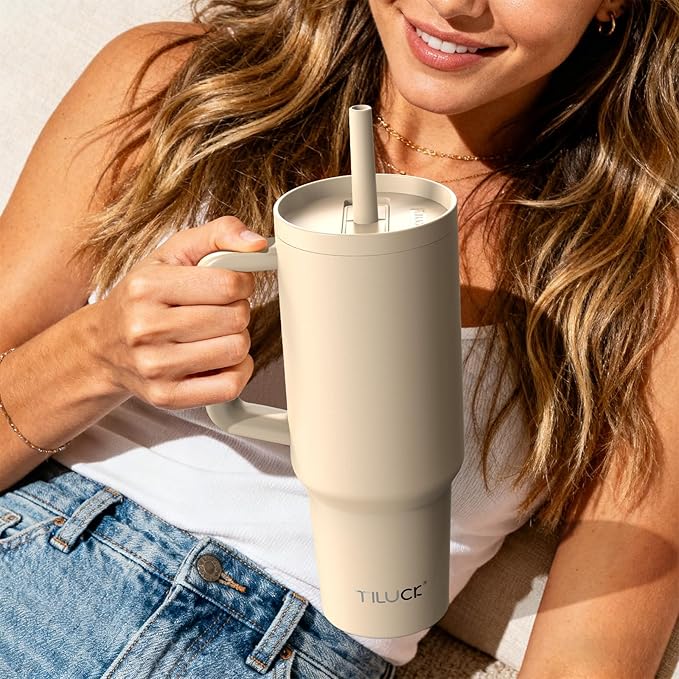 TILUCK 40 oz Tumbler with Handle, Vacuum Insulated Stainless Steel Travel Mug with 100% Leak-Proof Silicone Straw Lid, Cupholder Friendly Water Bottle(Lilac, 40oz) - Bloomnest