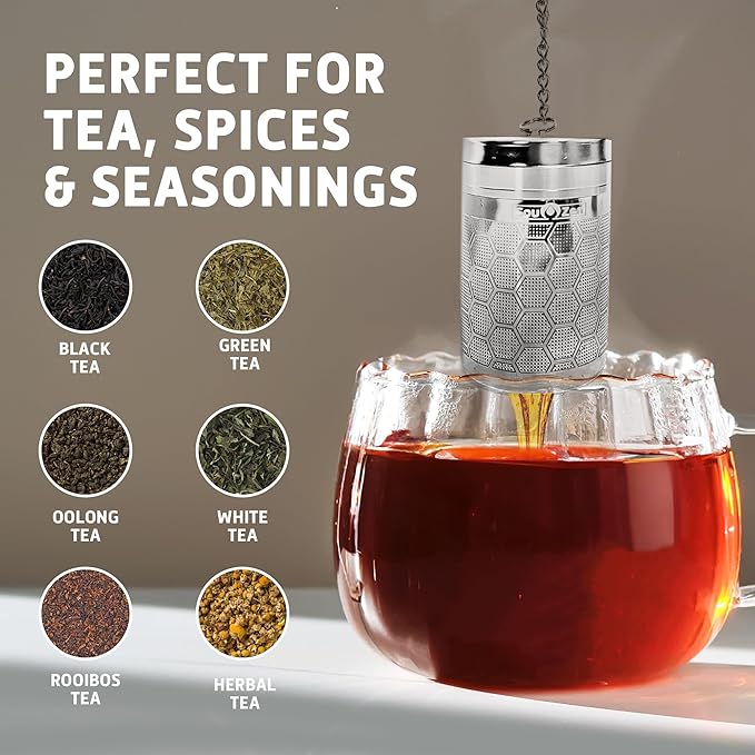 Sou Zen Tea Infuser (2 Pack & Teaspoon Scoop) | Extra Fine Hex Mesh Loose Leaf Tea Strainers | 304 Stainless Steel Tea Steeper with Extended Chain Hook | Perfect for Brewing Loose Tea, Herbs & Spices - Bloomnest