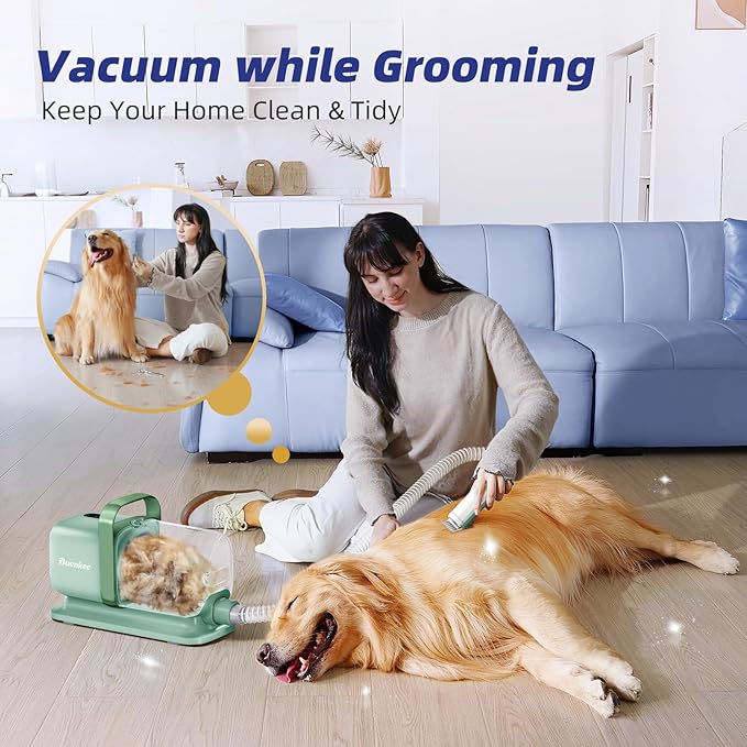 Dog Grooming Kit with Vacuum, All-in-One Pet Grooming Vacuum for Dogs and Cats, Low Noise Pet Hair Clipper & Shedding Brush, Dog Hair Remover, Cat Pet Groomer Set with Cleaning Brushes, Green - Bloomnest