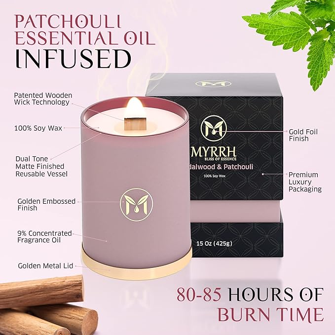 MyrrhUSA Sandalwood Patchouli Scented Candle – 15 oz Natural Soy Wax with Crackling Wooden Wick & Essential Oils, 80 Hour Burn, Luxury Aromatherapy Candle for Relaxation, Home Décor & Gift Purpose - Bloomnest