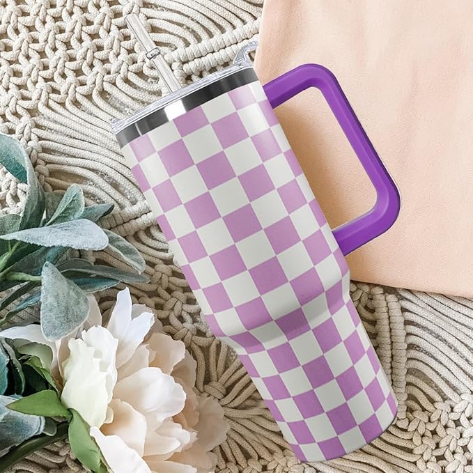 Ceovfoi 40 Oz Checkered Tumbler with Handle Lid and Straw, Purple Checkered Tumbler Water Bottle Travel Coffee Cup Mug,Checkered Gifts for Women - Bloomnest