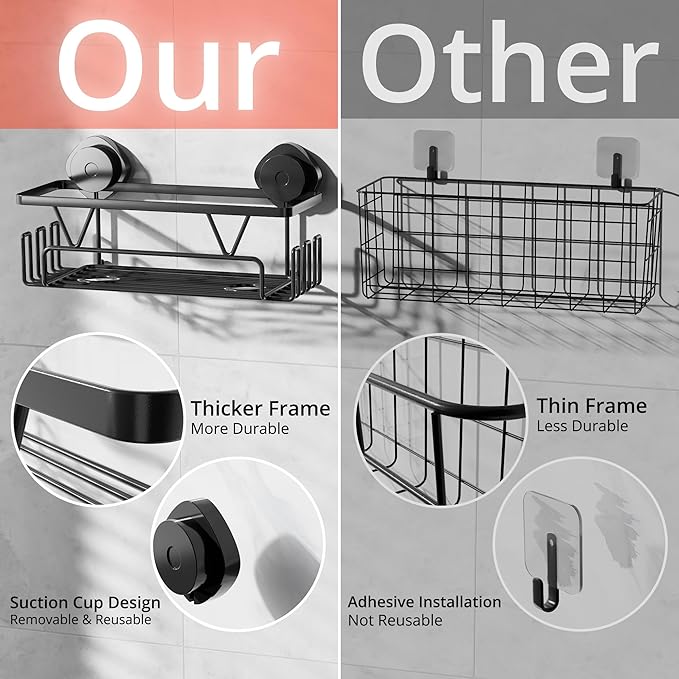 KEGII Suction Cup Shower Caddy, 2 Pack Shower Suction Shelf with Soap Holder & Hooks, No Drilling Bathroom Organizer, Stainless Steel Shampoo Holder for Bathroom Storage Basket, Black - Bloomnest