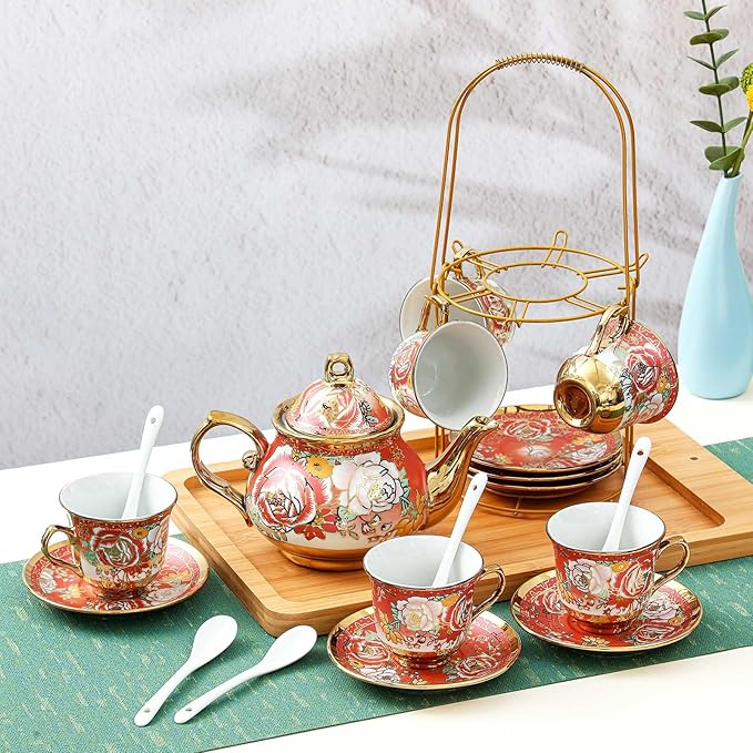 Zhehao 20 Pcs Porcelain Tea Set with Metal Holder and Spoon Adult Ceramic Tea Set European Flower Painting Teapot Cup Saucer Spoon for Women, Large Version(Noble Style) - Bloomnest