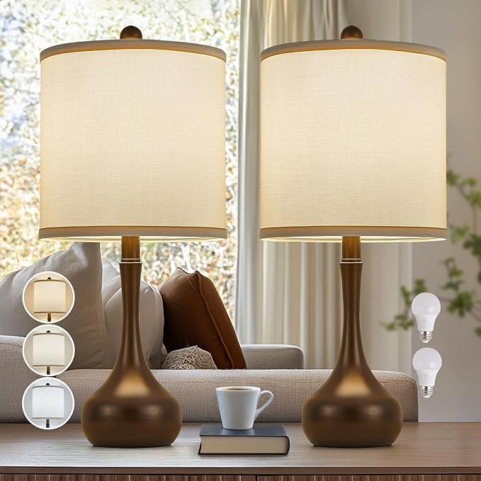 23" Brown Metal Modern Table Lamp Set of 2,Farmhouse Bedside Lamps for Living Room, 3 Color Temperature Rustic Table Lamps for Bedroom, Night Stands, Dorm,Office, Home Décor (Bulb Included) ﻿ - Bloomnest