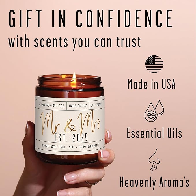 Wedding Gifts for Couples 2025, Bridal Shower Gifts from Bride - 'Mr & Mrs Est. 2025 Candle, w/Champagne on Ice I Wedding Shower for Newlyweds I 50Hr Burn, USA Made - Bloomnest