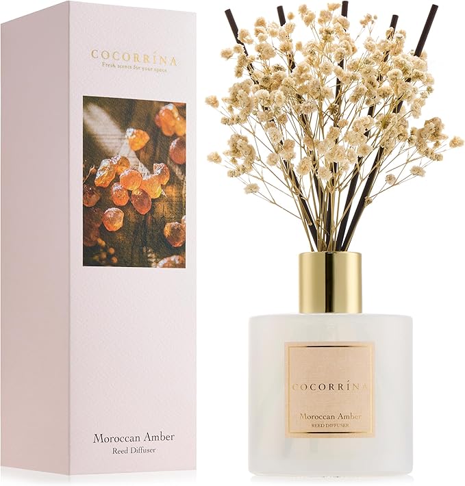 COCORRÍNA Reed Diffuser - Moroccan Amber 6.7 Fl.oz Reed Diffuser Set with Sticks & Preserved Baby's Breath, Reed Diffuser for Home Bathroom Shelf Decor - Bloomnest
