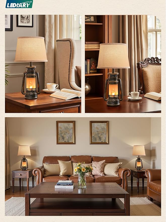 LEDIARY 18.72" LED Vintage Lantern Flickering Flame Table Lamps for Bedrooms Set of 2, Farmhouse Rustic Vintage End Table Lamps, Rustic Retro Bedside Nightstand Desk Lamp for Living Room - Bloomnest