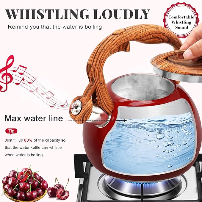GGC Tea Kettle for Stove Top, 3.1QT/3L Whistling Tea Kettles for Boiling Water Coffee or Milk, Gradient Red Pot with Wood Parttern Handle, Stainless Steel Kettle Pot for Home and Kitchen - Bloomnest