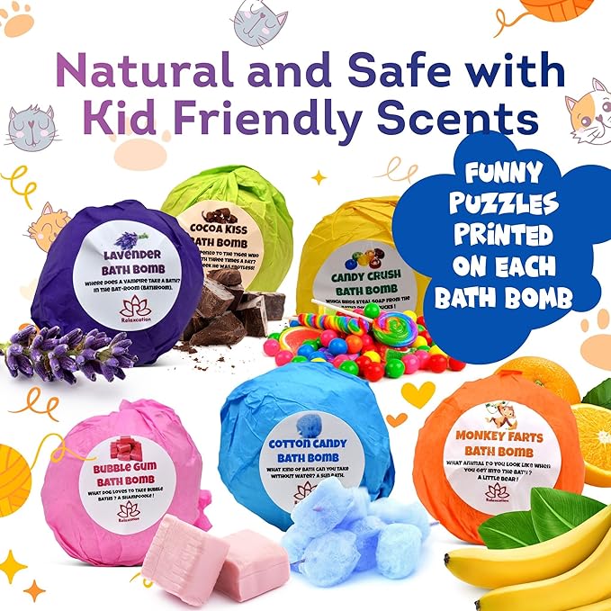 Made in USA 6 Organic Bath Bombs for Kids Set with Cat Toys Surprise Inside for Kids - Surprise Cute Cats Inside Each Fizzy Bath Ball - Natural and Safe for Girls, Boys, Teens - Perfect for Gift - Bloomnest