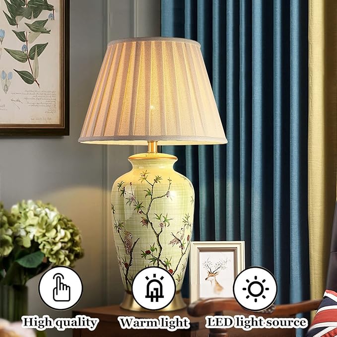 American Flower and Bird Ceramic Table Lamp, 27 Chinoiserie LED Table Lamp , Classic Cottage Bedside Desk Nightstand Lamp - Bloomnest