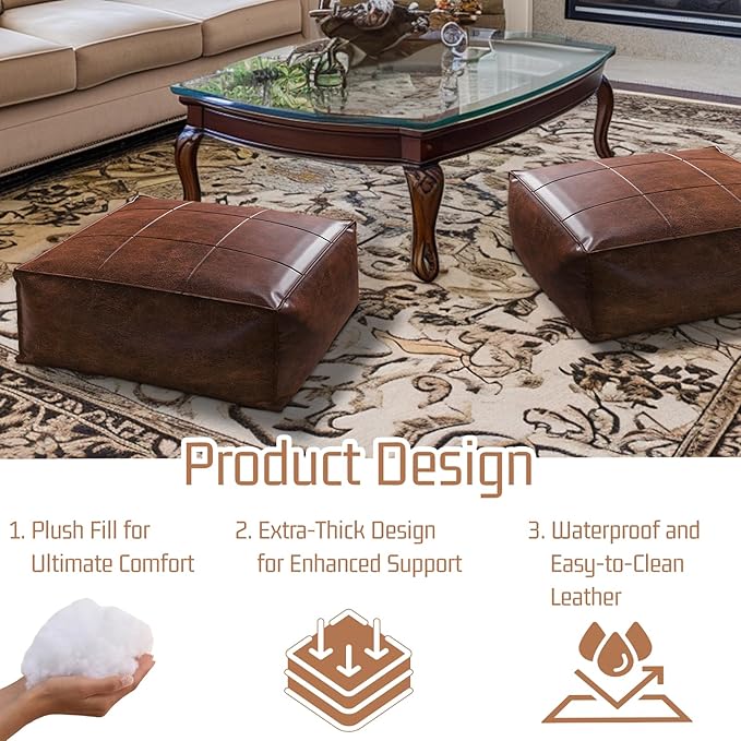 Vintage Leather Floor Cushion,Thick Square Floor Seating Ottoman, Waterproof Meditation Pillow for Adults, Portable Seat Cushion for Bedroom, Gaming, Office, Living Room (18x18x8 Inches) - Bloomnest