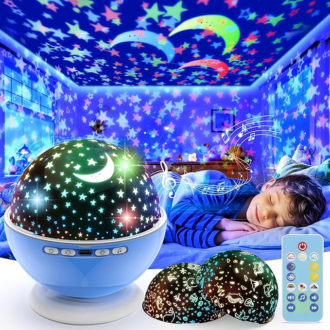 Night Light Projector,Night Light for Kids Room with Remote and Timer,360° Rotation,3 Projection Films,18 Light Modes,8 Lullaby Songs,Kids Night Lamp, Birthday Christmas Gifts for Boys Girls (Blue) - Bloomnest