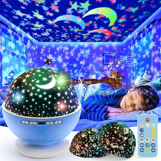 Night Light Projector,Night Light for Kids Room with Remote and Timer,360° Rotation,3 Projection Films,18 Light Modes,8 Lullaby Songs,Kids Night Lamp, Birthday Christmas Gifts for Boys Girls (Blue) - Bloomnest