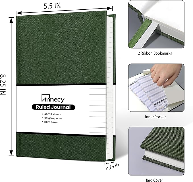 Annecy Lined Journal Notebook, Hardcover Leather Journal for Women & Men, 160 Numbered Pages, Medium 5.5" x 8.25", 100 GSM Thick Paper, Deep Green - Bloomnest
