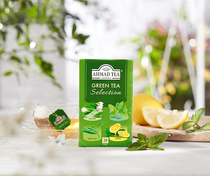 Ahmad Tea Green Tea, Green Tea Selection, Lemon Green Tea, Jasmine Green Tea, Mint Green Tea, & Green Tea Teabags, 20 ct (Pack of 1) - Caffeinated & Sugar-Free - Bloomnest