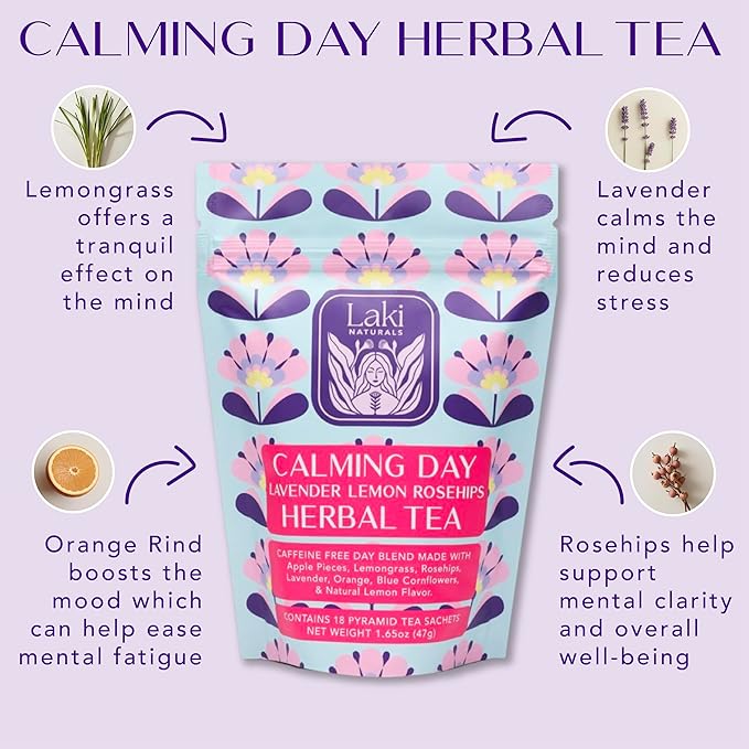 Calming Day Herbal Tea (1.65 oz, Pack of 18 Tea Bags) – Relaxing Caffeine-Free Tea with Lavender, Rosehips and Lemongrass – Gift for focus, clarity, relaxation and wellness - Bloomnest