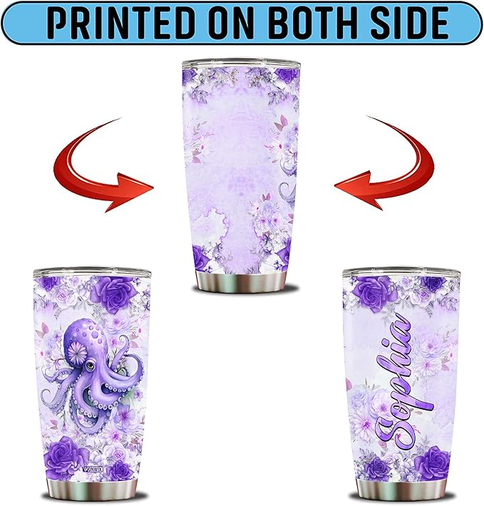 Personalized Octopus Tumbler Customized Name Water Bottle Mugs Gift For Women Fan Custom Purple Octopuses Birthday Christmas Valentine Day Insulated Stainless Steel Coffee Cup with Lid - Bloomnest