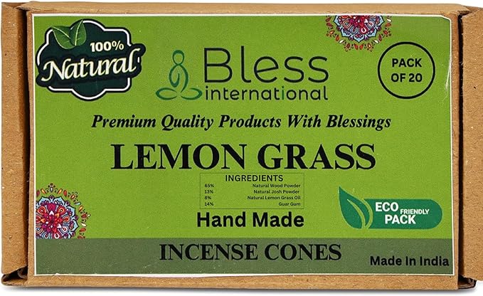 Bless International Lemon Gras 100%-Natural-Incense-Cones Handmade-Hand-Dipped Organic-Chemicals-Free for-Purification-Relaxation-Positivity-Yoga-Meditation The-Best-scents (20 Count) BlessInternational