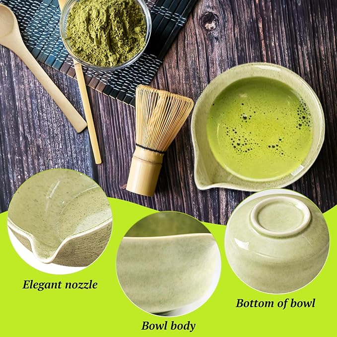 6 Pcs Matcha Whisk Set,Matcha Kit for Ceremony,Matcha Tea Set for Making Breakfast/Latte,Matcha Whisk Set with Ceramic Bowl with Spout,Whisk and Holder,Gift for Matcha Lover - Bloomnest