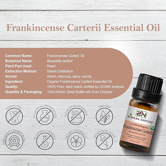 Frankincense Carterii Essential Oil, USDA Certified Organic, 100% Pure Undiluted, Aromatherapy Oil for Diffuser, Hair & Skin Care NirvanaNurture