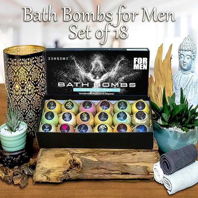 Bath Bombs for Men, Gift Set of 18 Scented Organic Handmade Bath Bombs of 2.5 oz with Natural Essential Oils. Perfect for Boyfriend, Husband, Father or Friend, by ZenseMe - Bloomnest