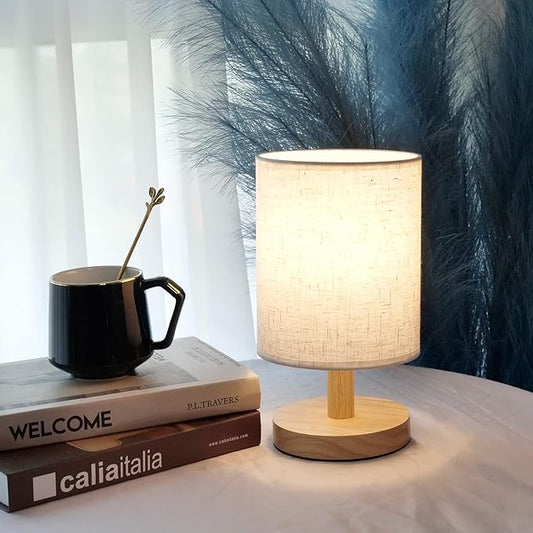 Small Table Lamp Mini Bedside Night Light Wooden Simple Desk Nightstand Lighting with Linen Shade for Bedroom, Living Room, Kids Room (Including LED Bulb) (Round) - Bloomnest
