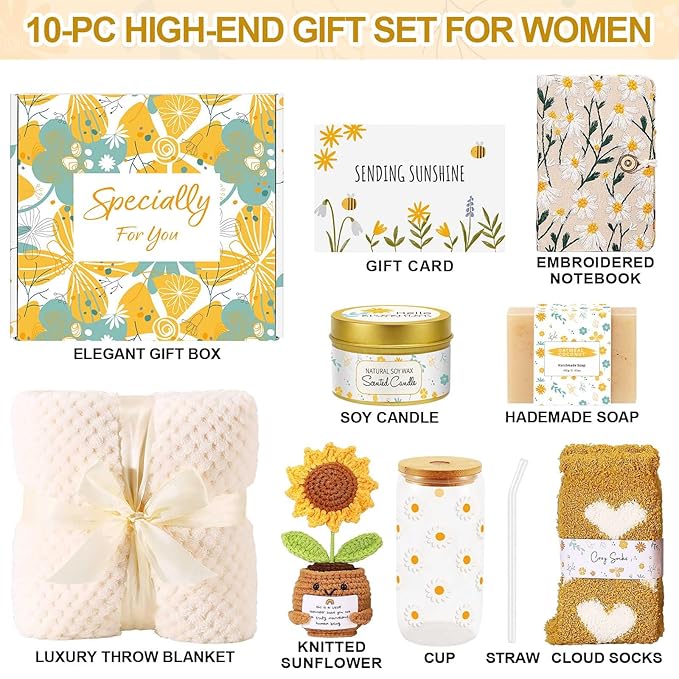 Self Care Gifts for Women Gift Baskets，Sending Sunshine Thinking of You Care Package Spa Gift Sets, Birthday Christmas Gifts for Women Best Friends Mom Sister Wife Grandma Her - Ivory
