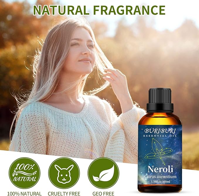 BURIBURI 100ML Neroli Essential Oil Gifts Set, 100% Pure Orange Blossom Oils Undiluted Aromatherapy Neroli Oil 3.38fl.oz for Soap, Candle Making, Massage, Diffuser, Humidifier BURIBURI