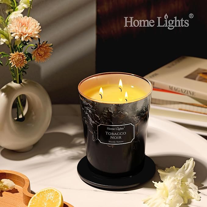 HomeLights Scented Candles for Women & Men, 34oz Candle Jars Aromatherapy 3-Wick Candle, Ideal for Industrial Chic Home Decor and Gifts, Tobacco Noir - Bloomnest