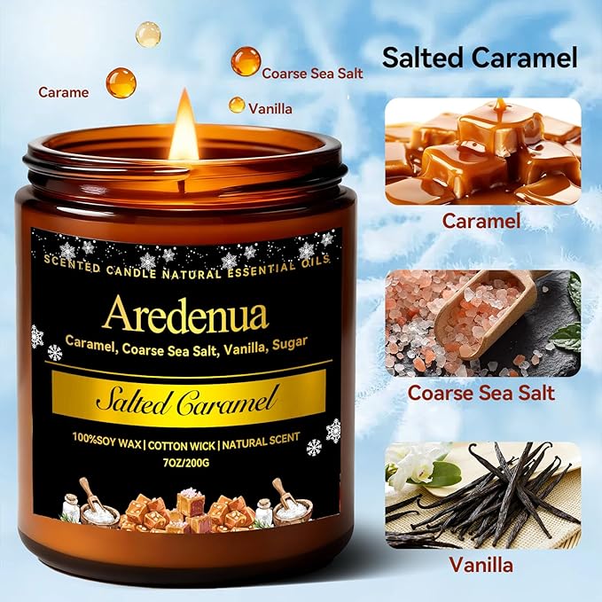 Winter Candles - Salted Caramel Candle | Cozy Holiday Scented Candles - 7oz Jar Soy Candle for Winter Home, Holiday & Christmas Gifts for Women Men - Bloomnest