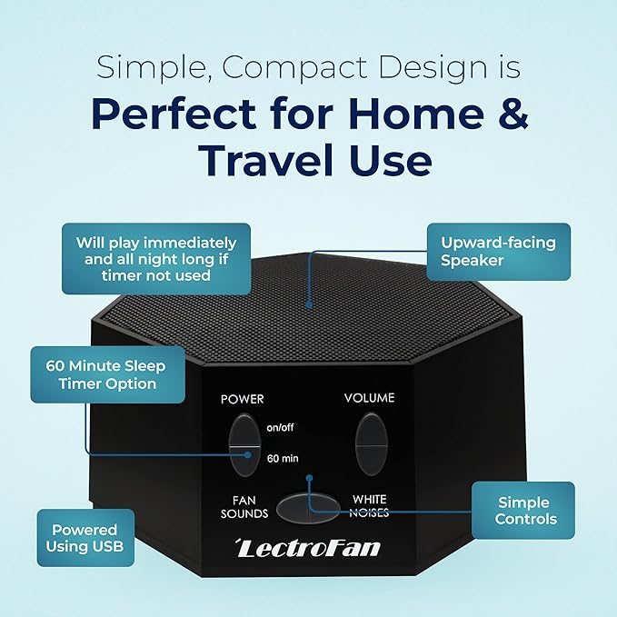 Adaptive Sound Technologies LectroFan Classic White Noise Machine - Compact Sleep Sound Machine for Bedroom, Travel, Study and More - 20 Non-Looping Fan & White Noise Variations - Black - Bloomnest