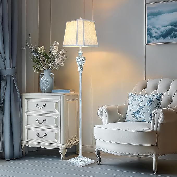 Vintage Floor Lamp with Nightlight, 65" Retro Standing Lamp with White Linen Shade, Washed Blue Finish Farmhouse Style Design Tall Lamp Decor for Living Room Bedroom Study Home Corner (Bulb Included) - Bloomnest
