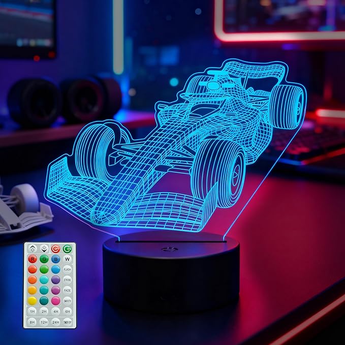 F1 Car Night Light, Formula One Gifts, 3D Illusion Lamp with Remote Control, 16 RGB Colors, 4 Flashing Modes, Timer, Dimmable, Men Boy Racing Car Gifts Room Decoration for Holiday Birthday Christmas - Bloomnest