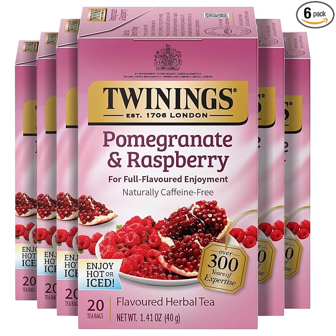 Twinings Pomegranate & Raspberry Herbal Tea Individually Wrapped Bags, 20 Count (Pack of 6), Naturally Caffeine-Free, Enjoy Hot or Iced, 120 Teabags - Bloomnest