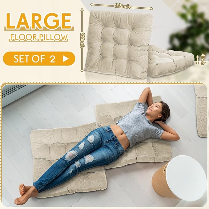 Jerify Floor Pillow Cushions 22 x 22 Inch Round Square Large Meditation Floor Pillow for Classroom Adult Meditation Picnic Party Cushion for Seating Gift Christmas(Square,Beige,2 Pcs) - Bloomnest