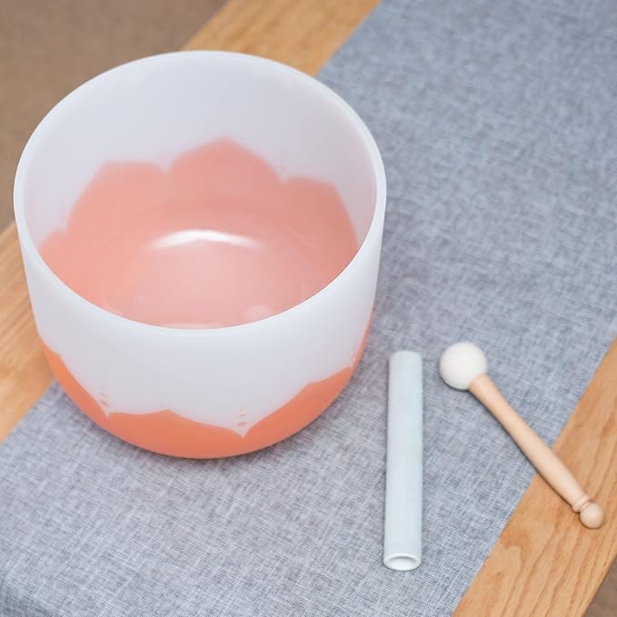 Leize Quartz Crystal Singing Bowl 432hz D Note Sacral Chakra Navel Chakra Orange Lotus Design 11" Wide with Suede Striker - Bloomnest