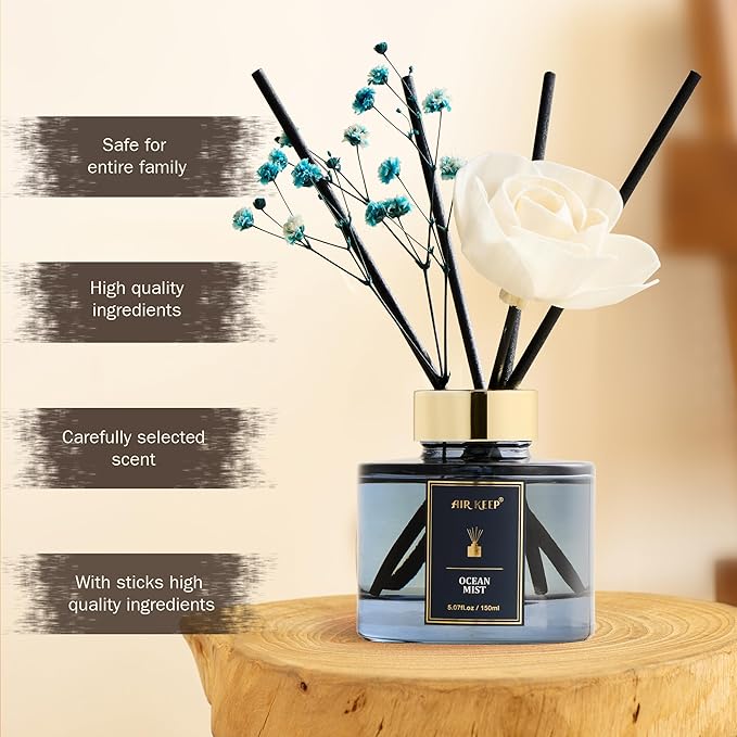 Airkeep Flower Reed Diffusers Set, 5.07 oz Ocean Mist Scented Oil Diffuser with 8 Reed Sticks, Home Fragrance Diffuser Gift Set for Bathroom & Office Decor 150ml - Bloomnest