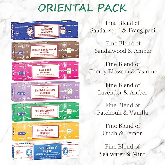 Satya Incense Sticks Gift Set, 7, Scents Nag Champa, 60s Patchouli, The Eliminater, Divine Temple, Love Spell, Golden Sandalwood, English Lavender, 15 g Each (Oriental Mix) Satya