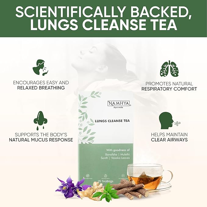 Namhya Ayurveda Lungs Cleanse Tea for Better Respiratory Health, Clear Breathing, Cough & Congestion - Herbal Lung Detox Tea with Tulsi, Dry Ginger & Mulethi for Smokers – 25 teabags - Bloomnest