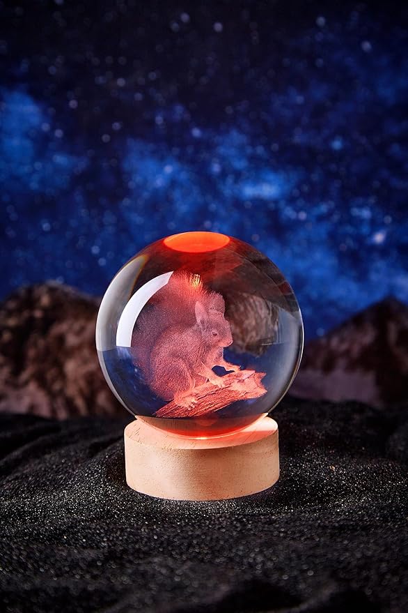 3D Large Squirrel Crystal Ball Night Light with Wooden Base, Crystal Lamp Gift for Kids Friends, 16 Color Changing with Remote Control, Laser Engraved 3.15 inch Glass Ball Lamp (Squirrel) - Bloomnest