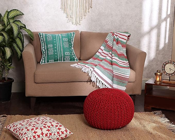 REDEARTH · Round Pouf Ottoman - Hand Knitted Cable Boho Poof - Foot Stool Bean Bag - Home Décor Stuffed Footrest for Living Room - Nursery - Bedroom - 100% Cotton Poufs (19.5"x19.5"x14") - Red - Bloomnest