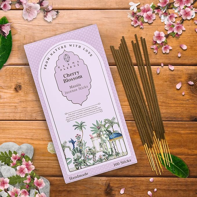 Incense Sticks, Cherry Blossom Incense, Pack of 100 Stick, Hand Rolled Aromatic Masala Made with Natural Ingredients, 45-60 Minute Burn Time, Best for Home Fragrance, Meditation, Yoga, Relaxation KARMAPLEDGE