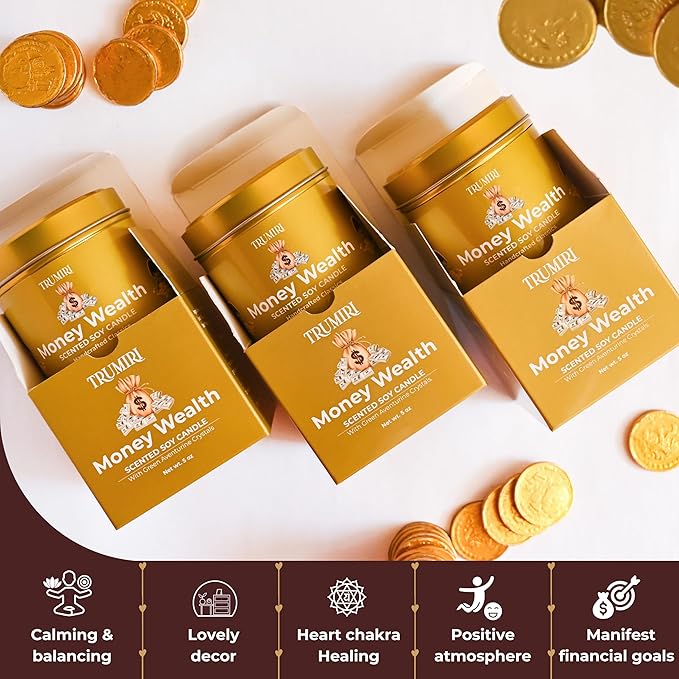 Money Wealth - Crystal Candles for Home Scented - Pack of 3 x 5oz Soy Wax Natural Clean Organic Non Toxic with Essential Oils - for Cash Luck Manifestation - Long Lasting Candel TRUMIRI