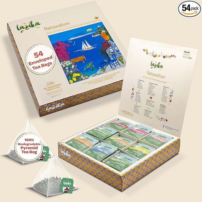 Lazika Herbal Tea Variety Pack with Lovely Presentation Box, 54 Counts, Relaxation Tea Assortment Gift Set, Premium Collection with Pyramid Infuser Bag, Handcrafted - Bloomnest